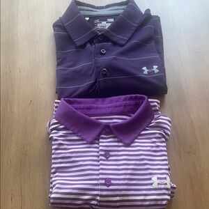 2 Large purple Under Armour gold polos.  Good condition!  Striped.